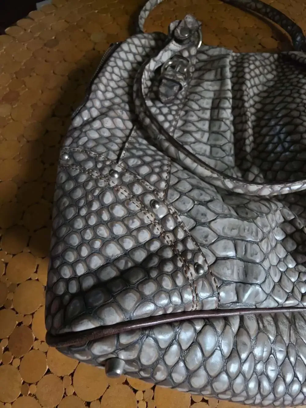 Mania Genuine Leather Made in Italy Snakeskin Embossed Studded Hobo Handbag